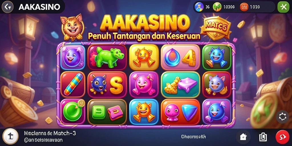 Tangkapan layar AAKASINO menunjukkan gameplay Match-3 yang seru dan penuh warna.