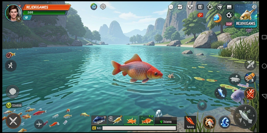 Tangkapan layar menunjukkan gameplay seru REJEKIGAMES saat memancing dengan teman-teman.