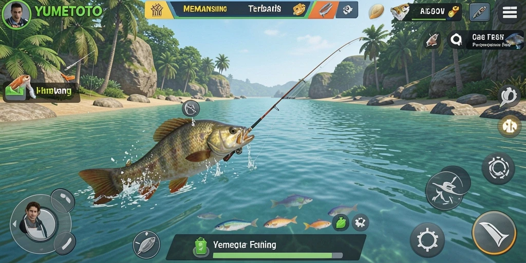 Screenshot gameplay YUMETOTO menampilkan aksi memancing yang seru.