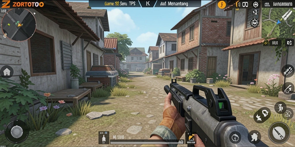 Screenshot ZORTOTO menampilkan aksi tembak-menembak yang seru.